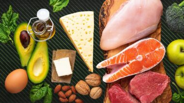 Top view of different kinds of protein-rich food on a table.